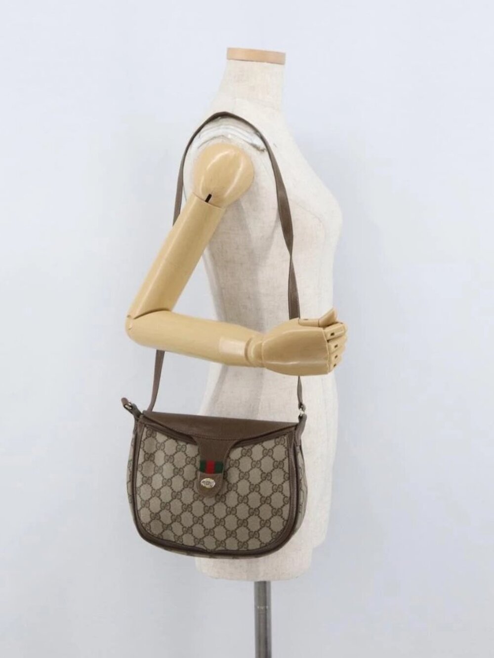 GUCCI GG Supreme Web Sherry Line Bag PVC Beige Gold 10 02 056 Auth BA10446